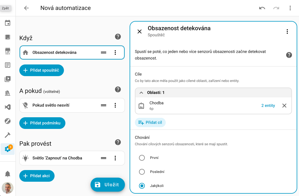 Screenshot zobrazující nové účelové triggery a podmínky v editoru automatizací