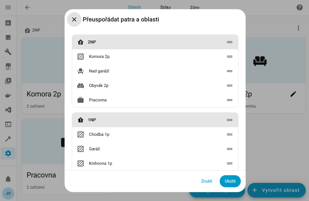 Screenshot zobrazující nabídku pro přeuspořádání oblastí a pater