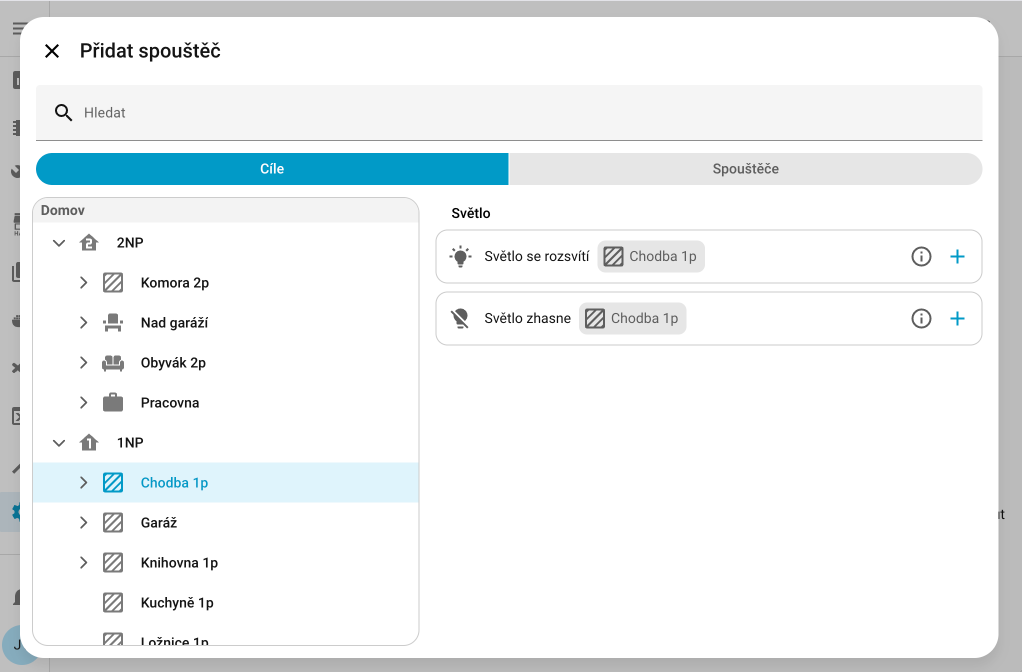 Screenshot zobrazující nový výběr cíle pro triggery, podmínky a akce