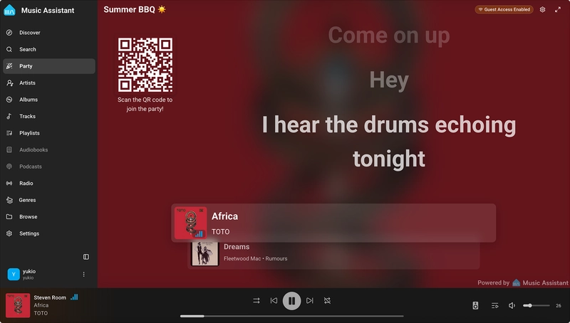Snímek obrazovky karaoke režimu Music Assistantu