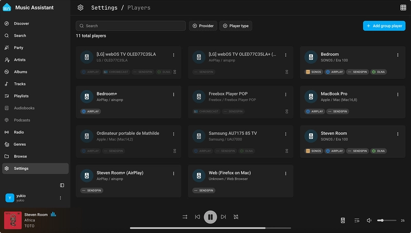Snímek obrazovky ukazující sloučení přehrávačů v Music Assistantu