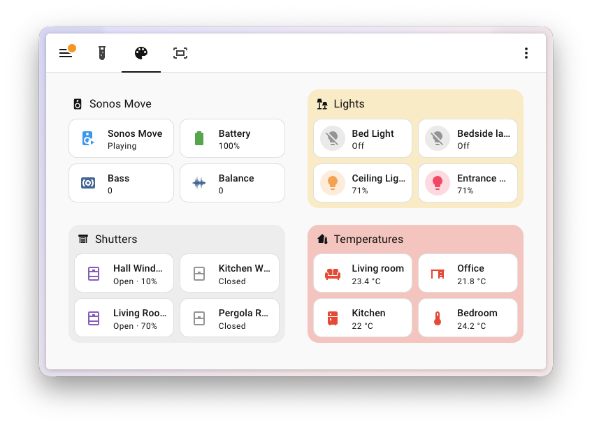 Sekce s barevnými pozadími na dashboardu