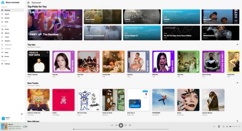 Snímek obrazovky přepracované stránky Discover v Music Assistantu