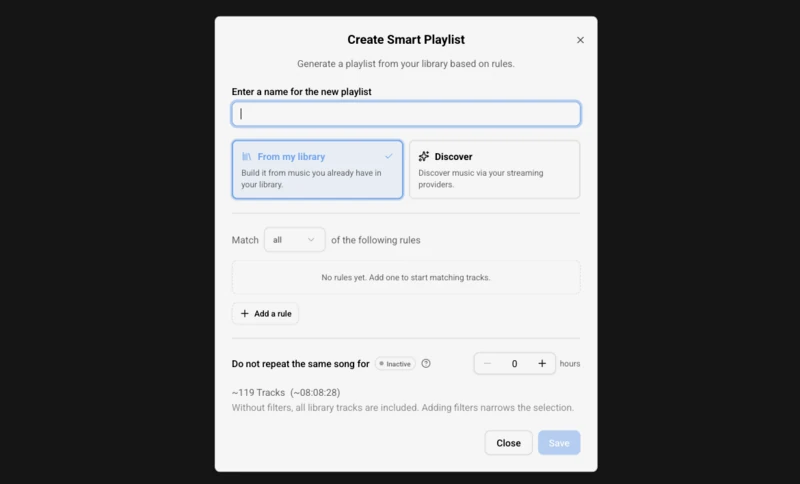 Snímek obrazovky dialogu pro tvorbu chytrého playlistu v Music Assistantu