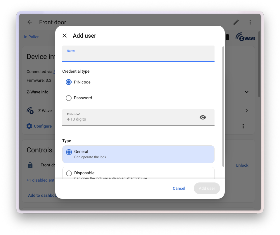 Dialog pro přidání uživatele u Z-Wave chytrého zámku s poli pro jméno, výběr typu přihlašovacího údaje a zadání PINu