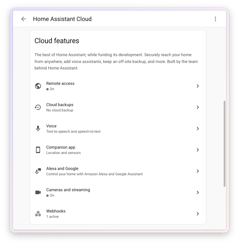 Spodní část přepracované stránky Home Assistant Cloud