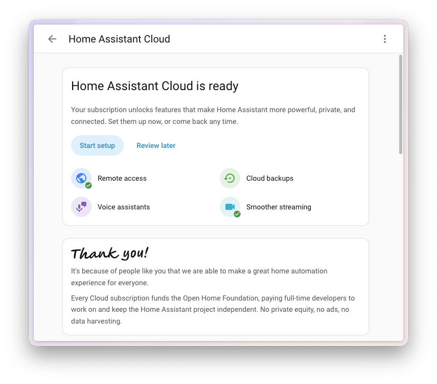 Nová přehledová stránka Home Assistant Cloud