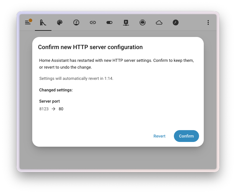 Home Assistant čeká na potvrzení nové konfigurace webserveru