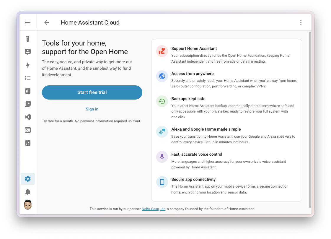 Nová úvodní stránka registrace do Home Assistant Cloudu