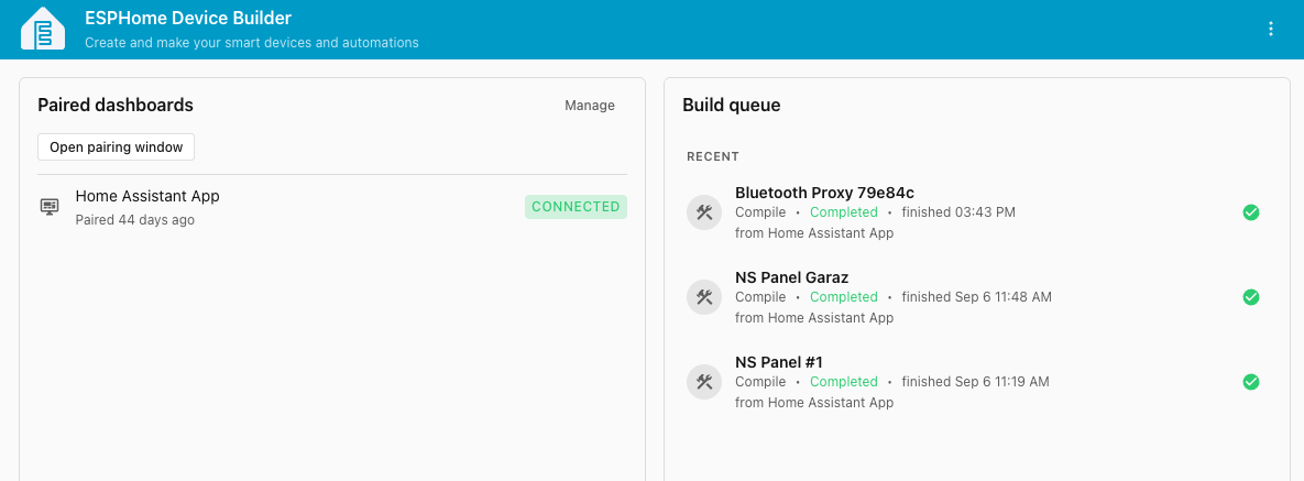 ESPHome Device Builder na macOS se spárovaným Home Assistantem a frontou dokončených buildů