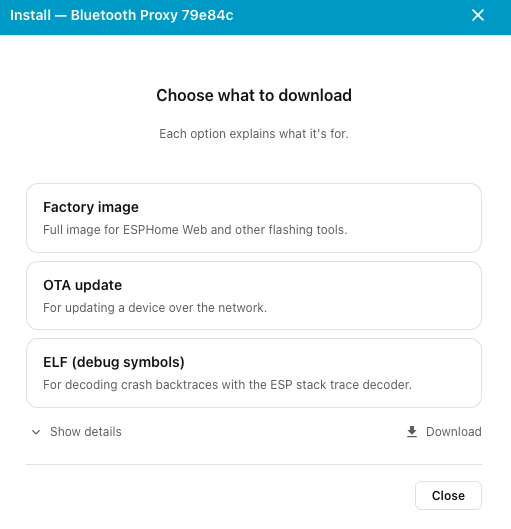 Dialog s výběrem, co stáhnout: Factory image, OTA update a ELF