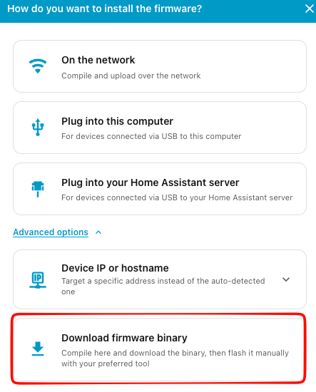 Dialog Install v ESPHome Device Builderu s rozbalenými Advanced options