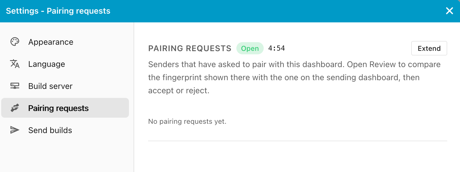Nastavení Pairing requests v ESPHome Device Builderu s odznakem Open a odpočtem
