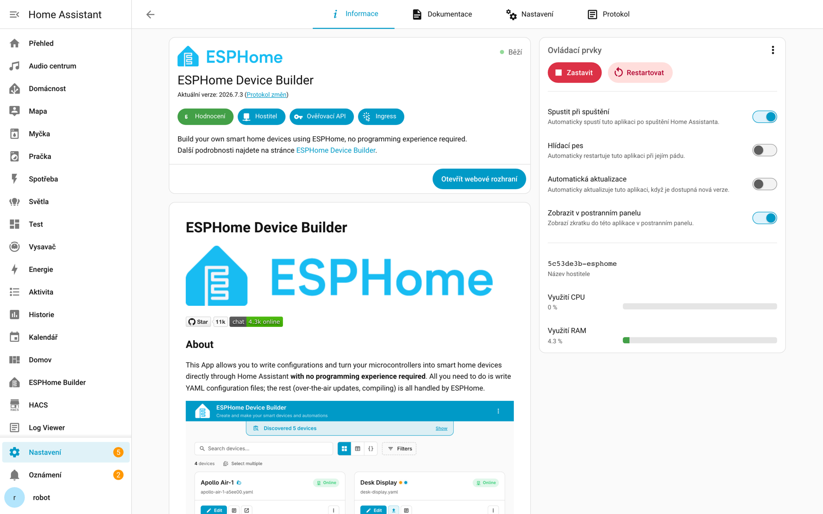 Detail aplikace ESPHome Device Builder