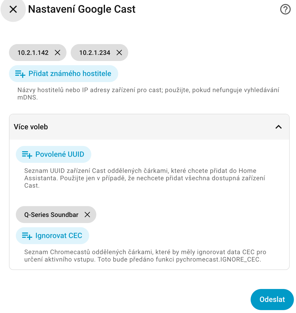 Nastavení Google Cast - nahoře „Known hosts" s IP adresou zařízení, dole „Ignorovat CEC" vyplněné přátelským jménem Q-Series Soundbar