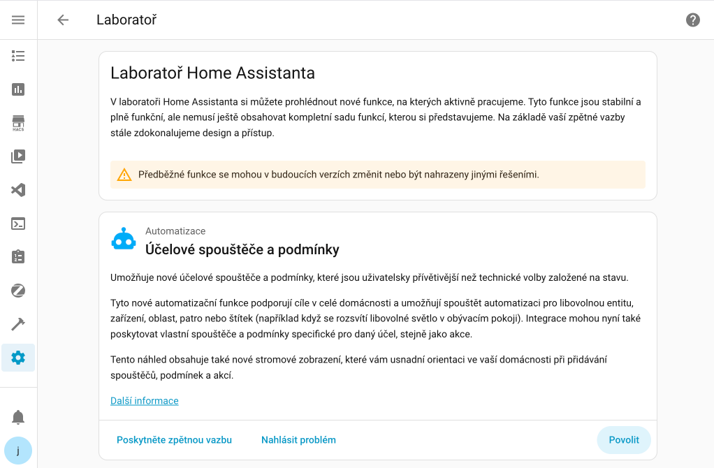 Screenshot showing the new Home Assistant Labs panel with features you can enable or disable