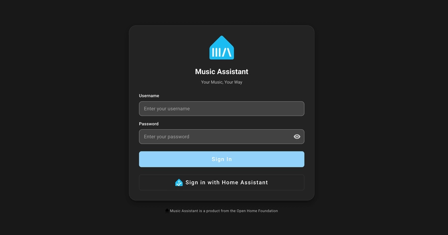 Screenshot of Music Assistant with new login functionality
