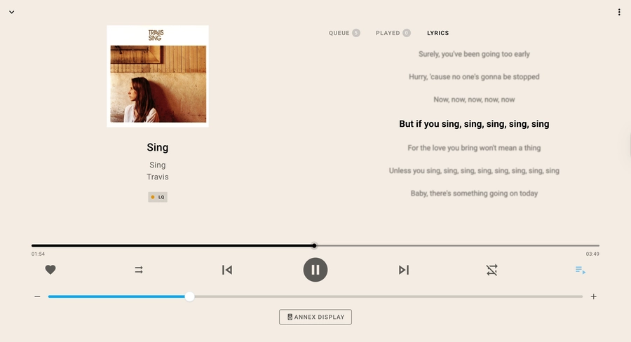 Screenshot of Music Assistant player with lyrics alongside album art