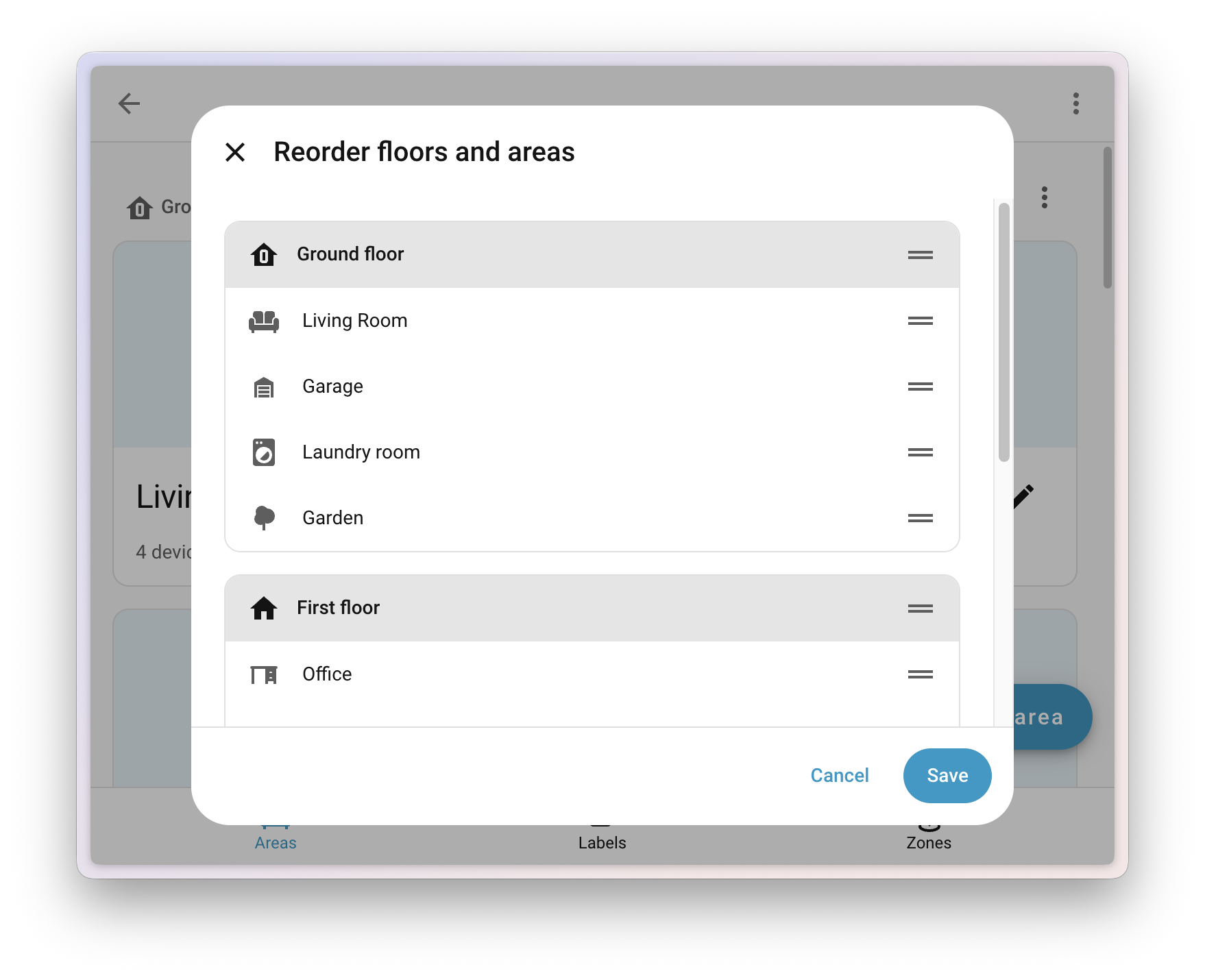 Screenshot showing the reorder areas and floors menu