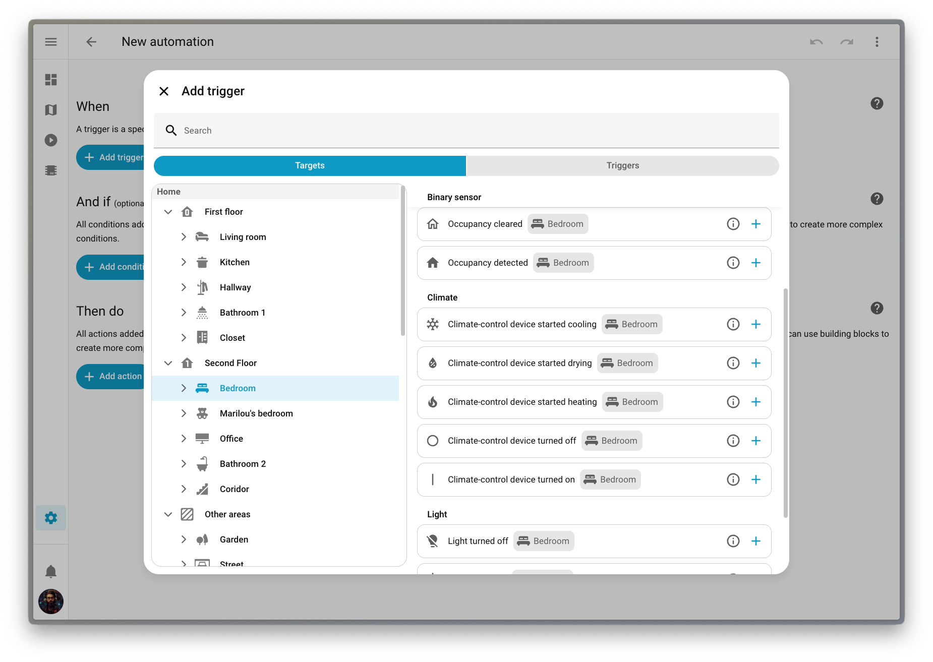 Screenshot showing the new target picker for triggers, conditions, and actions