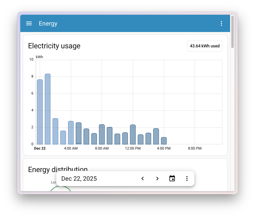 Energy dashboard with date picker fixed at the bottom of the screen