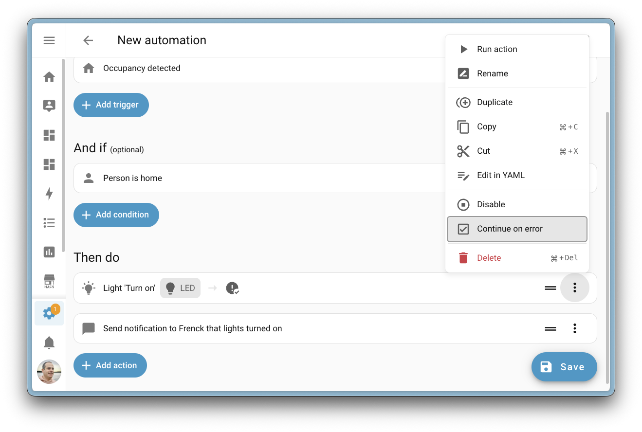 Continue on error option in the visual automation editor