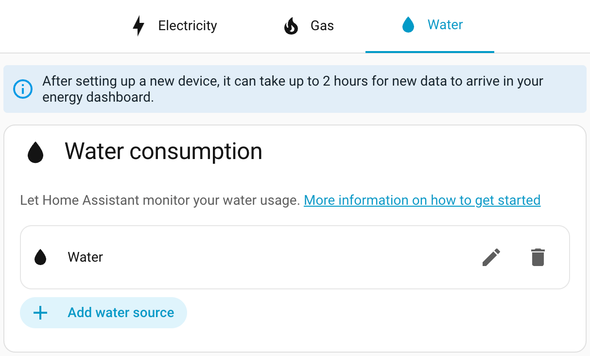Reworked Energy dashboard settings with Electricity, Gas, and Water tabs
