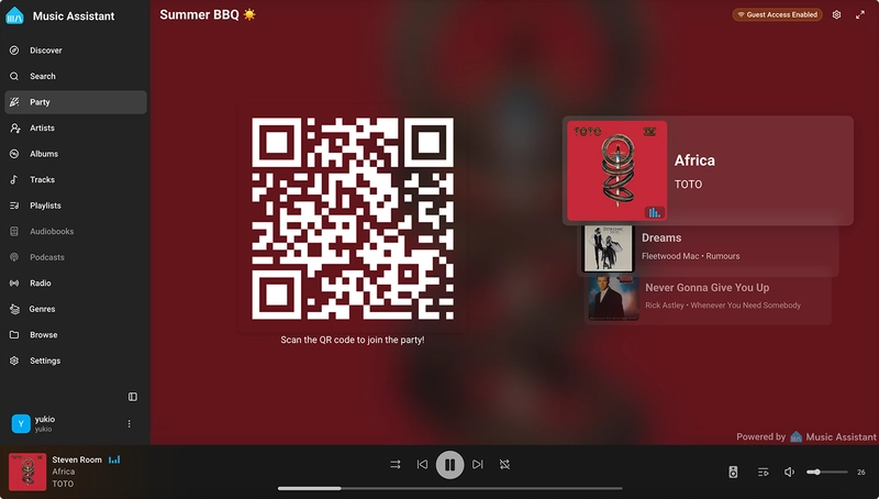Screenshot of party mode in Music Assistant