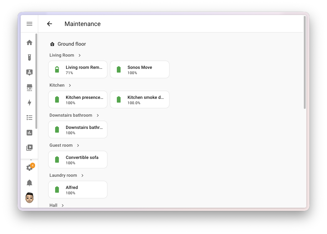 Maintenance dashboard with batteries grouped by room