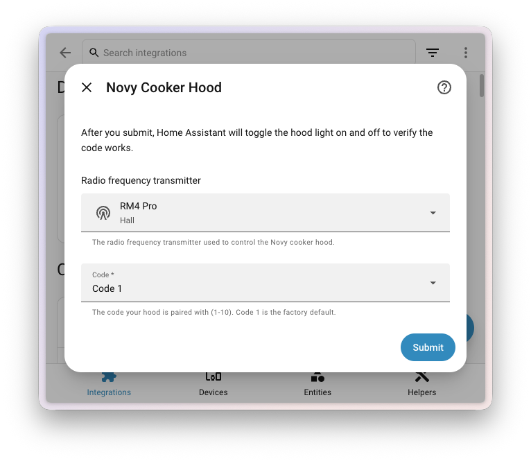 Configuration dialog for selecting an RF transmitter