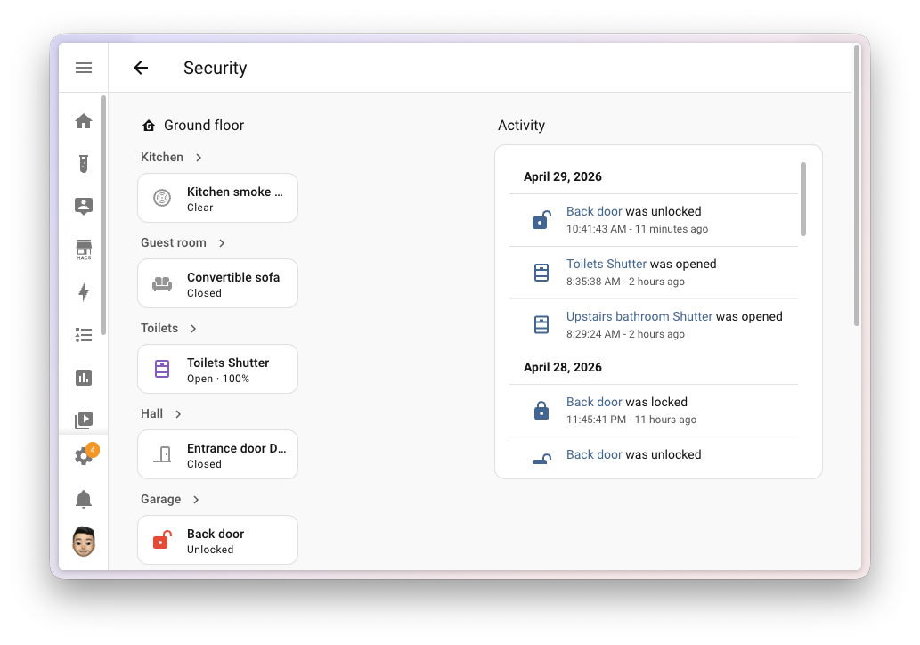 Activity sidebar on the security dashboard