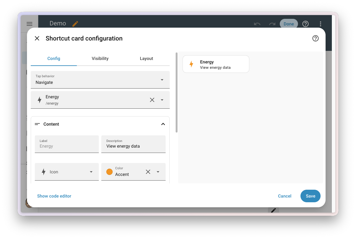 Shortcut card configuration dialog