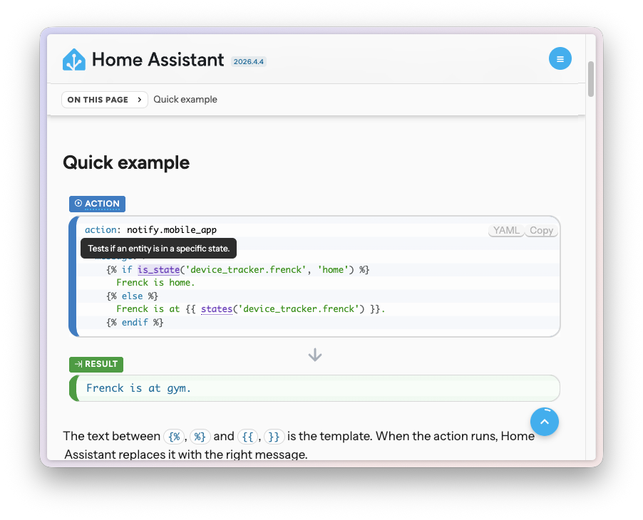 Interactive tooltip showing function description and example output