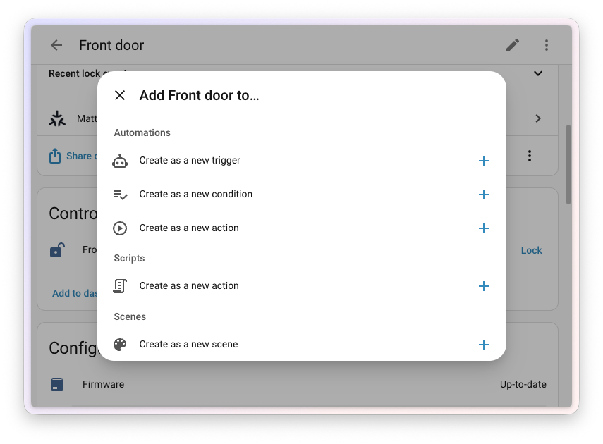 Screenshot of the new Add to dialog on a device page, offering shortcuts to create an automation as a trigger, condition, or action, a script, or a scene