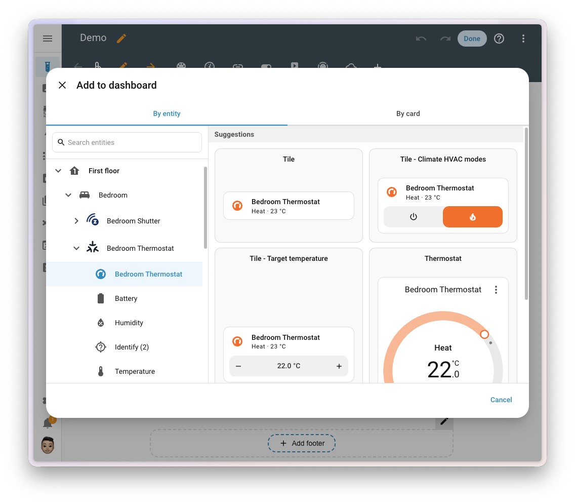 Screenshot of the new add card dialog with an entity tree on the left and live card previews on the right
