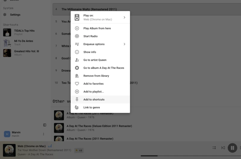 Screenshot of the context menu with the Shortcuts option in Music Assistant