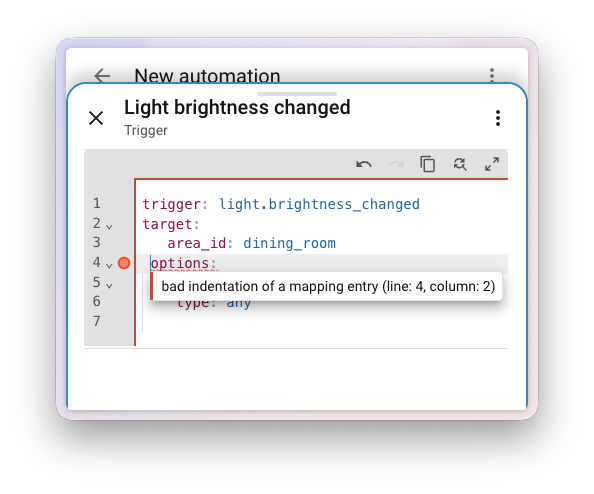 Screenshot of the YAML editor showing inline linting with an error highlighted on the offending line