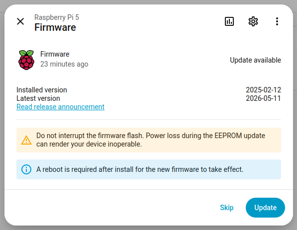 The Raspberry Pi bootloader firmware update entity on the Updates page