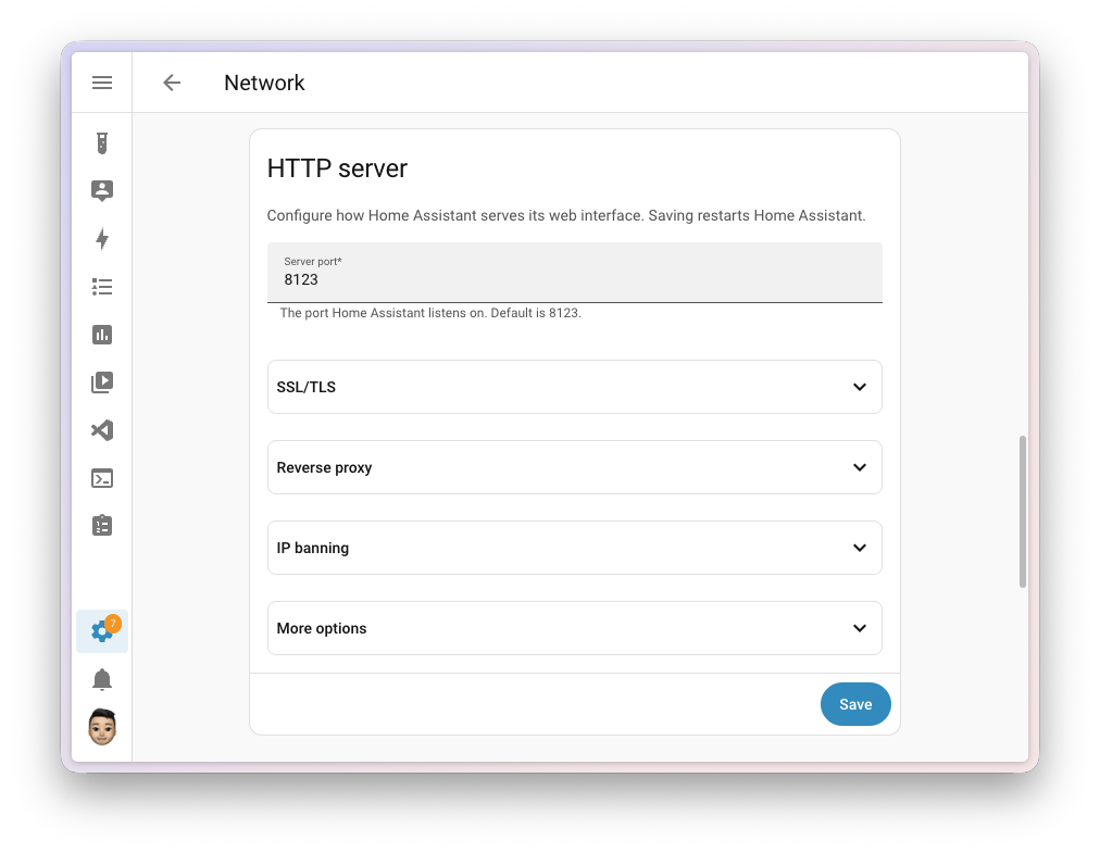Home Assistant web server settings right in the interface