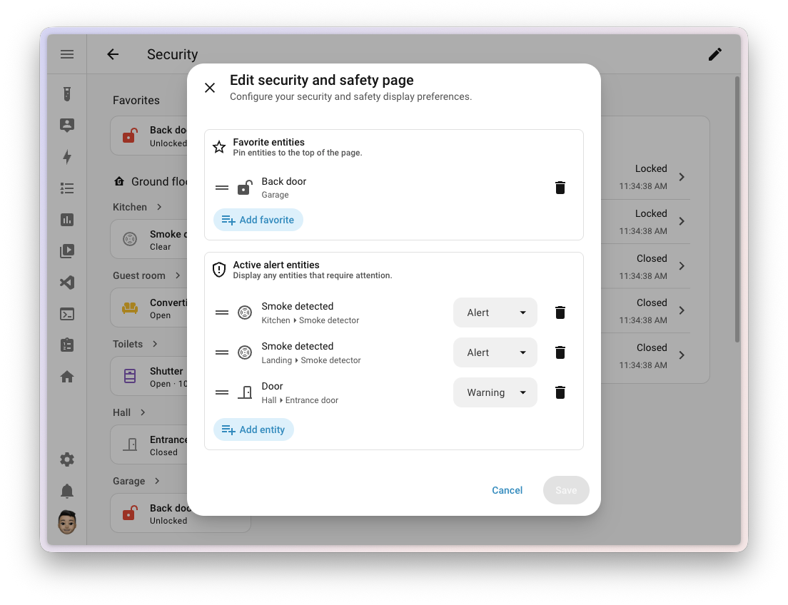 The Security dashboard with active alerts and pinned favorite entities