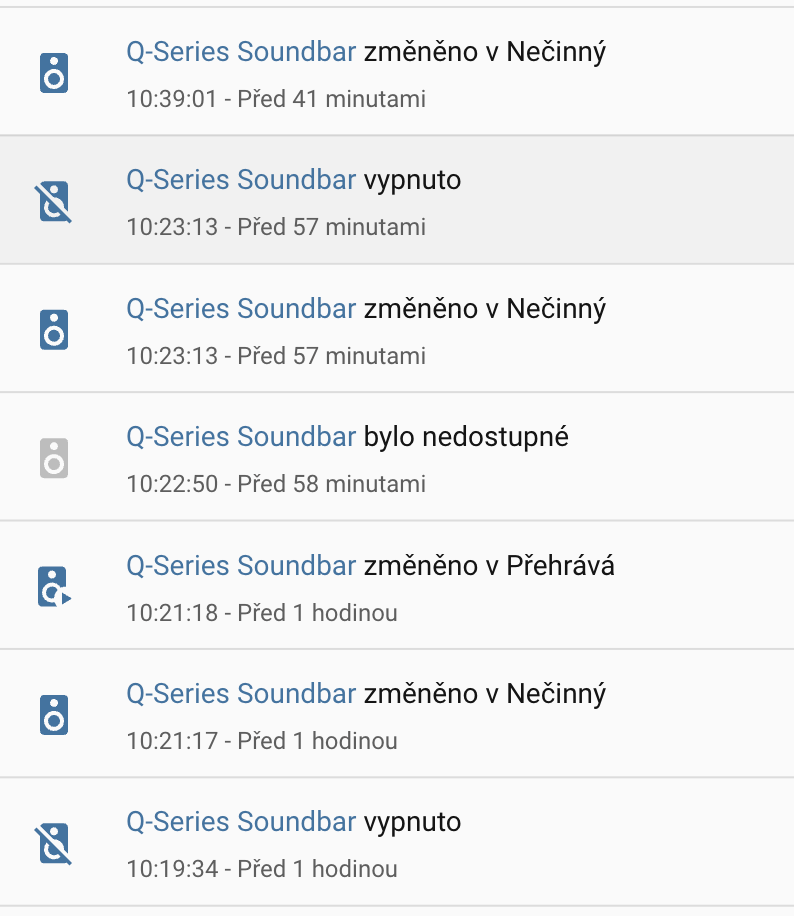 Soundbar entity history in Home Assistant - repeated transitions to the unavailable state roughly every 90 seconds during playback