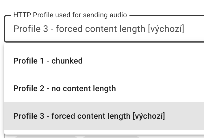 HTTP Profile selection in the expanded Chromecast section - Profile 1 (chunked), Profile 2 (no content length) and the default Profile 3 (forced content length)