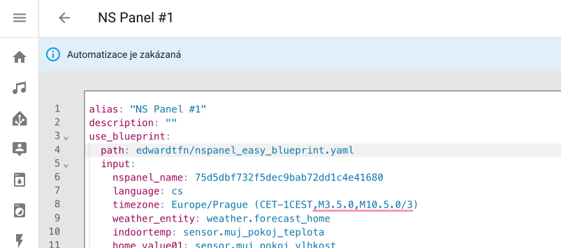 The automation's YAML editor showing the line path: edwardtfn/nspanel_easy_blueprint.yaml with the input section left intact