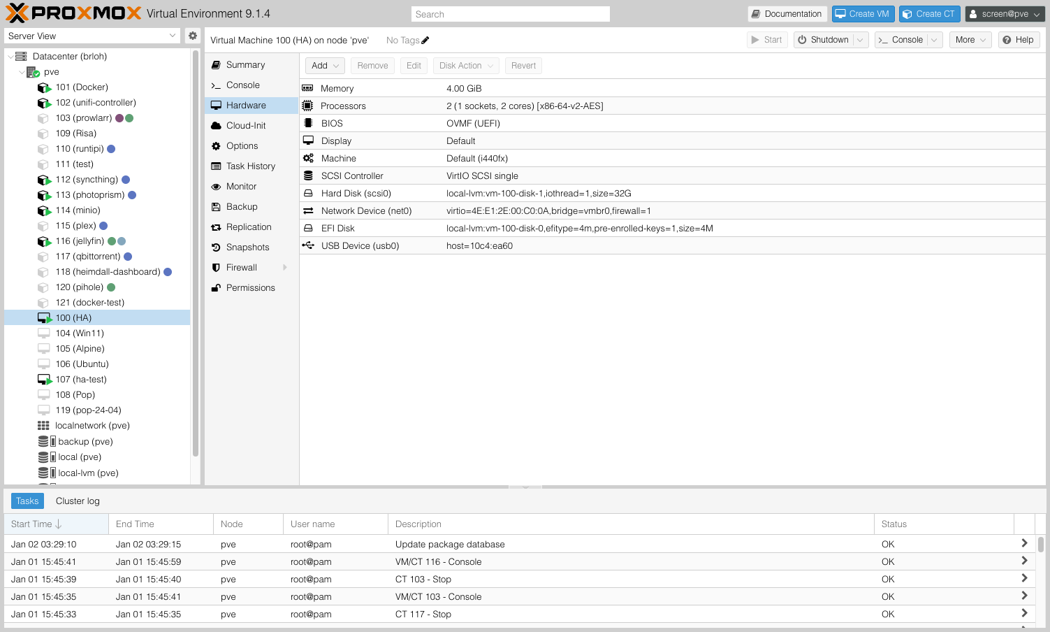 VM hardware configuration including USB passthrough